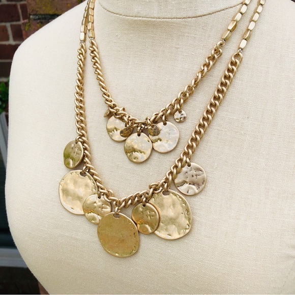 LB Gold Hammered Embellished Necklace Matching Earrings - Picture 3 of 9